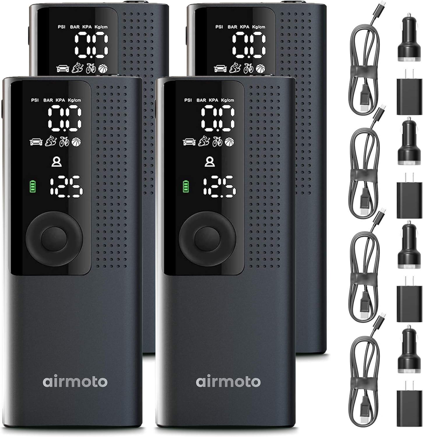 Airmoto and Power Kit Bundle Deal - 4 bundle - Tire Inflator Portable Air Compressor with Power Kit for Charging on The Road - Cordless Air Pump for Car Tires, Motorcycle, Bicycle, Balls (Pack of 4)