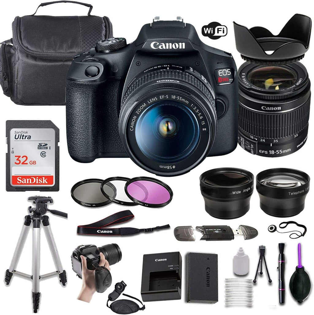 Canon EOS Rebel T7 DSLR Camera w/EF-S 18-55mm f/3.5-5.6 is II Lens + Wide-Angle and Telephoto Lenses + Portable Tripod + Memory Card + Deluxe Accessory Bundle (Renewed)