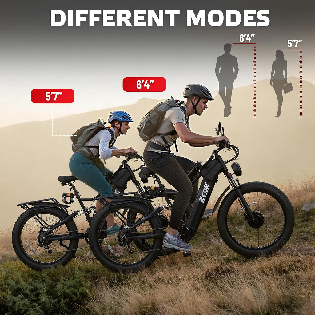 EcoE 7000/9000W Dual Motor Electric Bike for Adults 52MPH Charge Voltage 63 V32A, 26x4 Fat Tire All Terrain Ebikes, Full Suspension E Bike, SHM 7-Speed Gear Electric Bicycle
