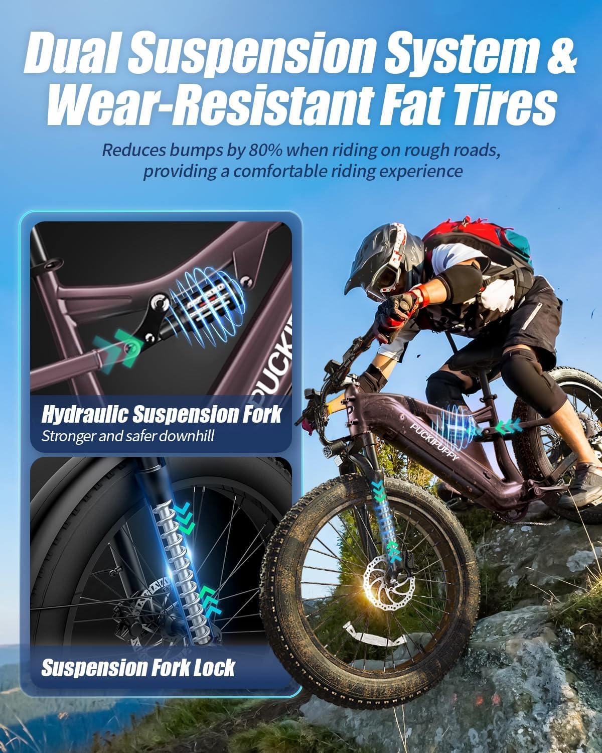 PUCKIPUPPY Electric Bike for Adults 1350W Peak, 28 MPH, 48V 20AH Battery Ebike, 26'x4' Fat Tire Full Suspension Electric Mountain Bike, 80 Miles Range, 8 Speed, Torque Sensor (Labrador Pro)