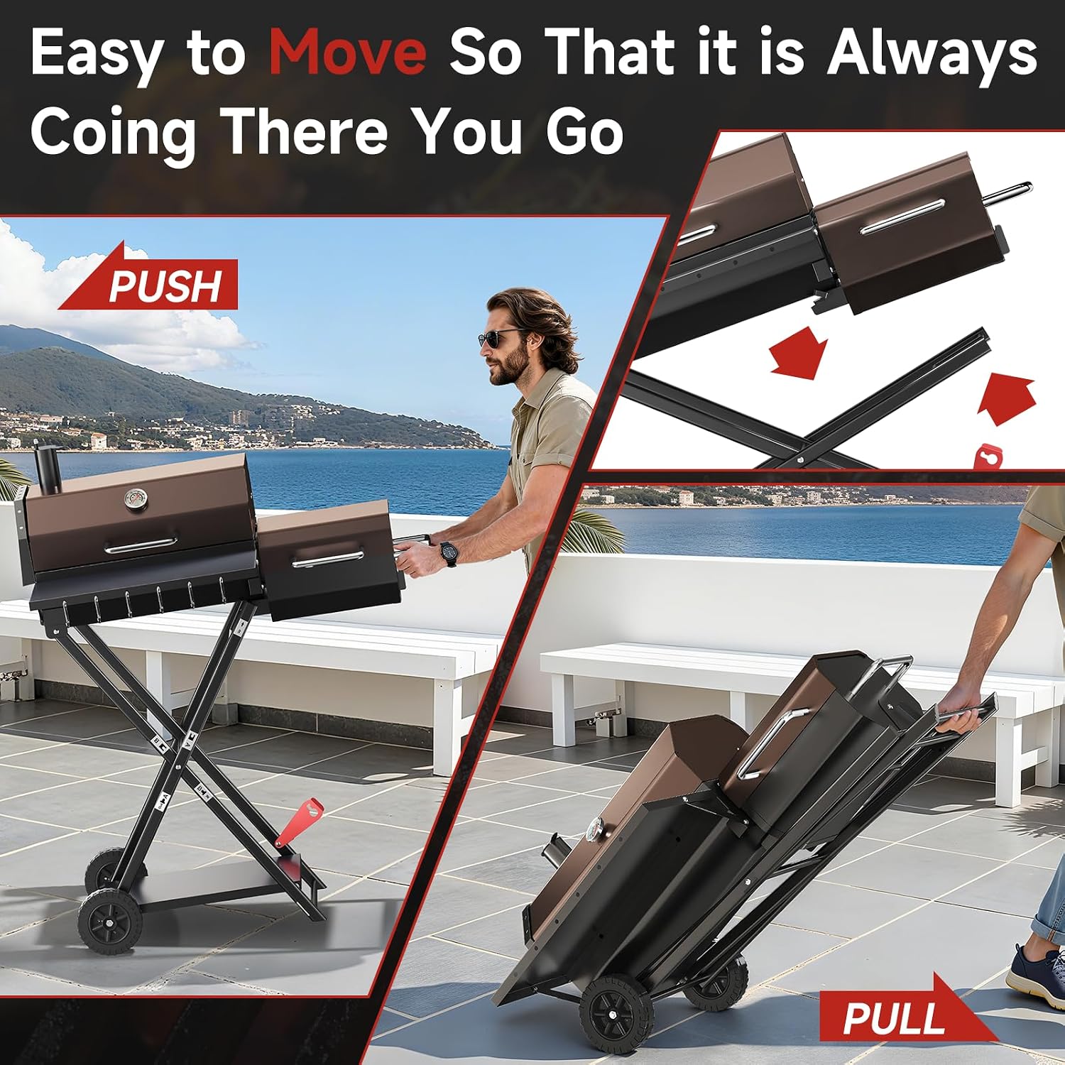 Portable Charcoal Grill with Smoking Function, Foldable Suitcase Design with Wheels, Multi-Tier Storage Rack & Waterproof Cover for Outdoor BBQ Parties (Khaki)