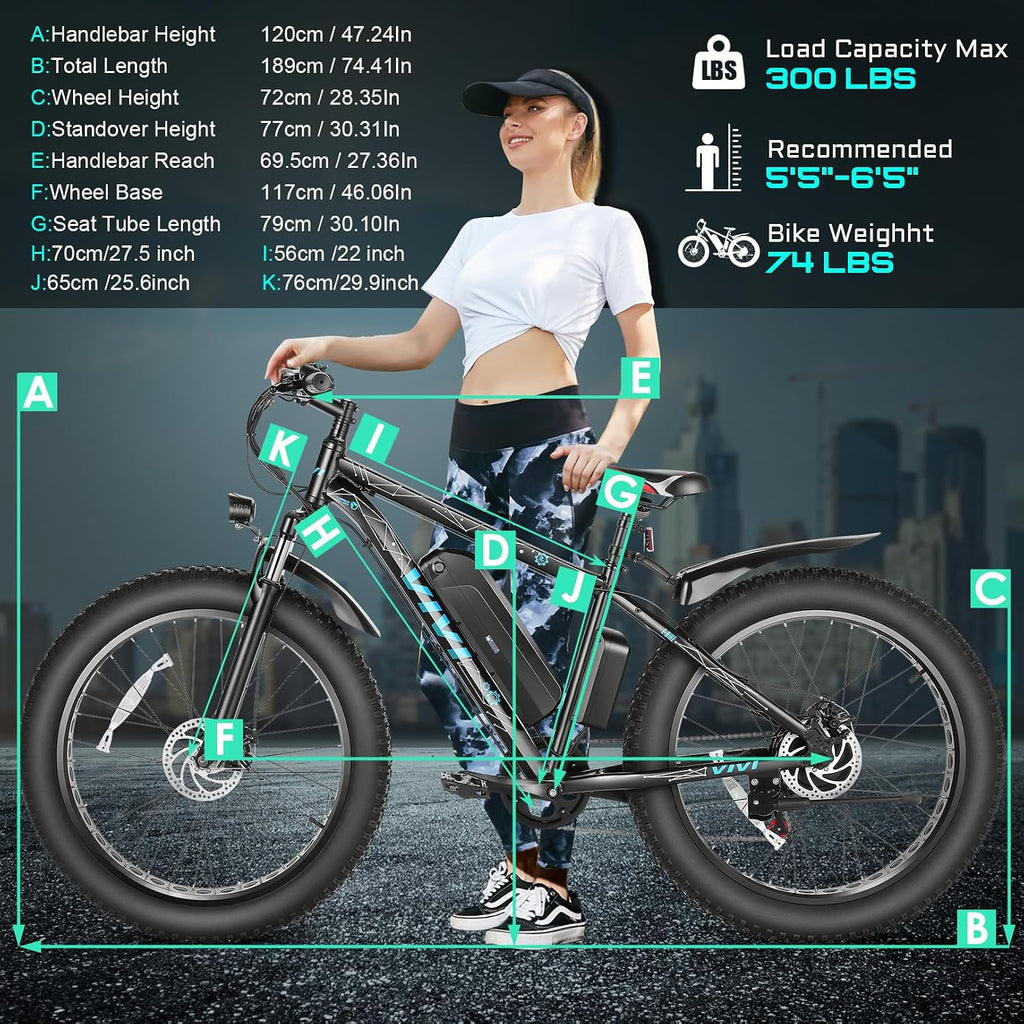 Vivi F26FUL Electric Bike Peak 1000W 26' x 4.0 Fat Tire Electric Bike with 48V 13Ah Removable Battery, 7Speed, Top 26Mph, Cruise Control, Up to 60 Miles, SGS Certified to UL2849