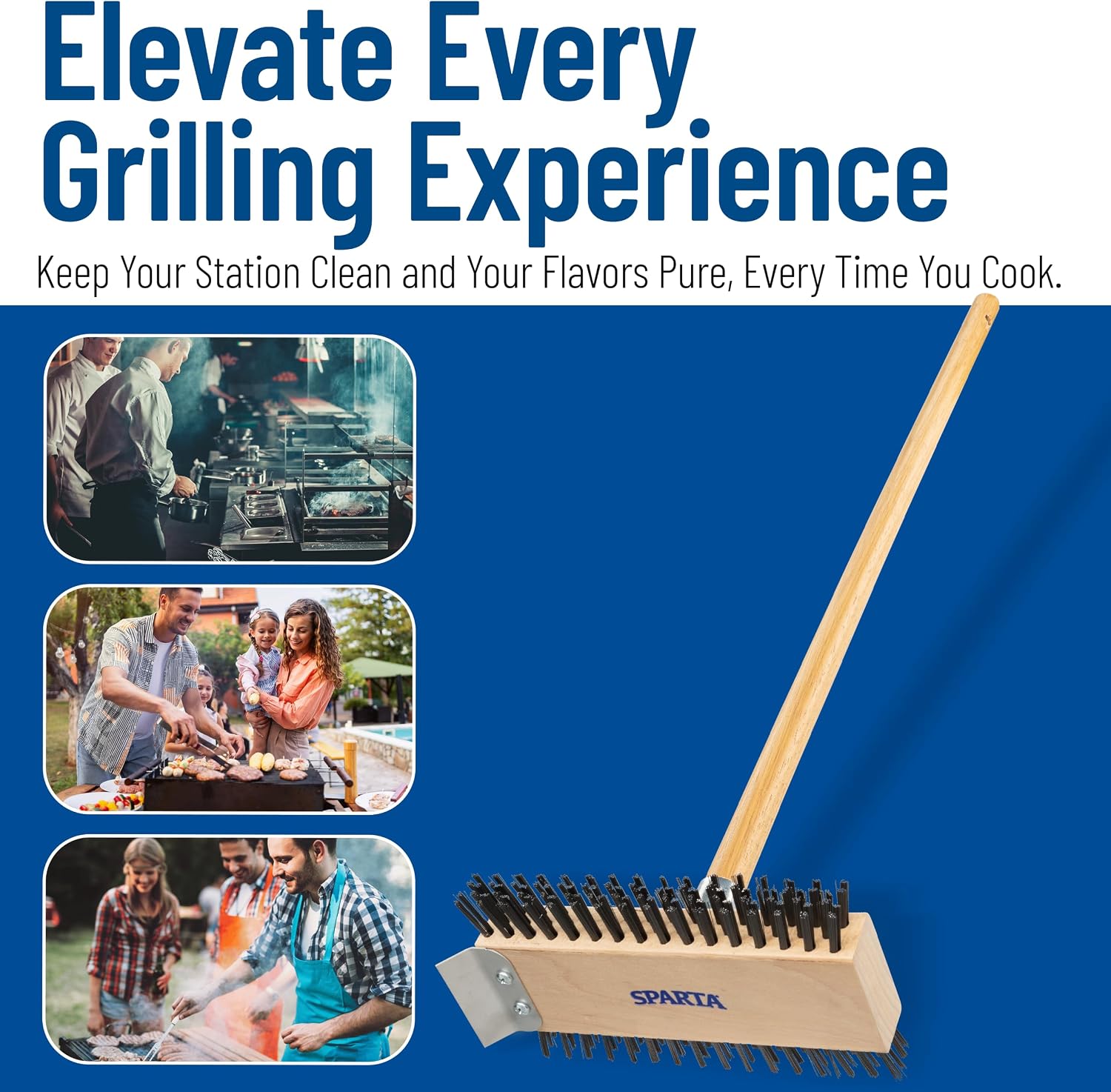 SPARTA 4002600 Stainless Steel Grill Brush, Grill Scraper With Long Handle For Commercial Cleaning, Kitchens, Restaurants, Bathrooms, 30 Inches, Brown, (Pack of 6)