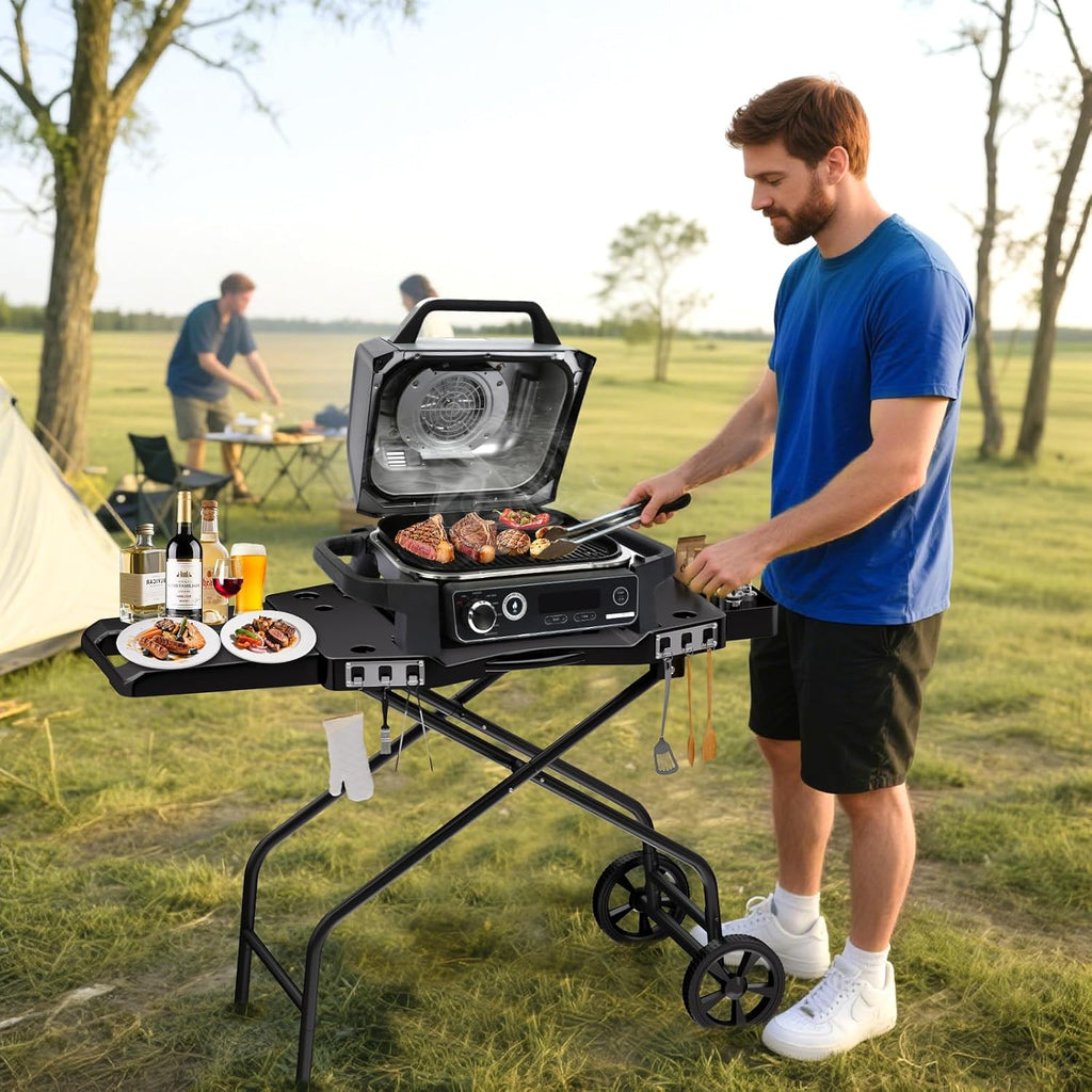 GRISUN Foldable Grill Table Stand for Ninja Woodfire Outdoor Grill（OG700/701/751), Portable Camping Table for Blackstone 22', Portable BBQ Stand with 2 Wheels, Side Table & Storage Basket