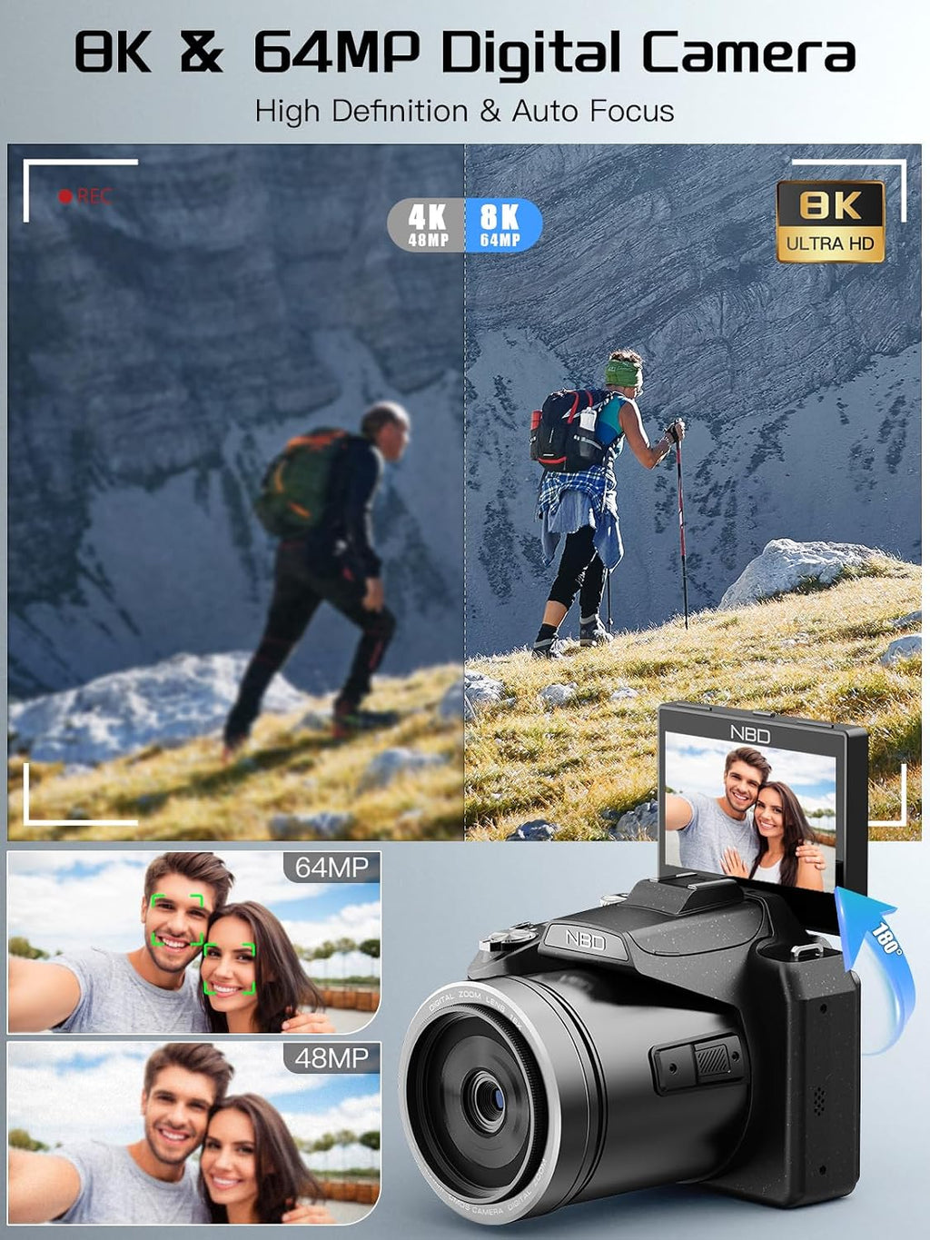8K Digital Camera, 64MP Cameras for Photography with 3' Flip Screen, 16X Zoom, WiFi & Autofocus, Vlogging Camera for YouTube, Includes 64GB Card & 2 Batteries