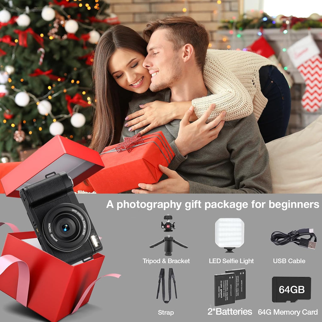 5K Digital Camera with WiFi for Photography, 64MP Vlogging Camera with Flip Screen for YouTube, Includes 64GB SD Card, Tripod, Selfie Light & 2 Batteries