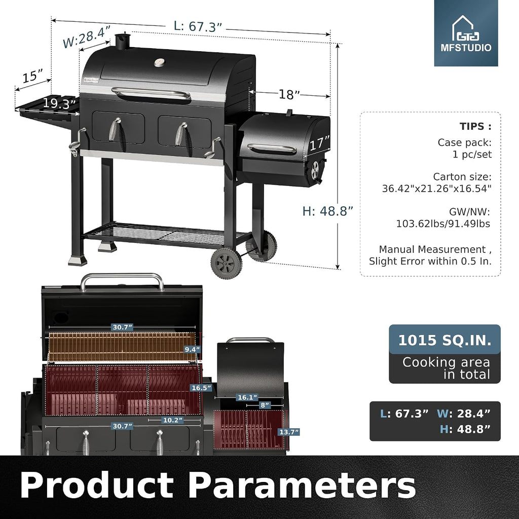 MFSTUDIO 49' 2 in 1 Charcoal Grill & Smoker Combo, Outdoor Grill with Enamel Coated Charcoal Tray, 1015 SQ.IN Cooking Area, Adjustable Top Vent and Chimney for Outdoor Grilling