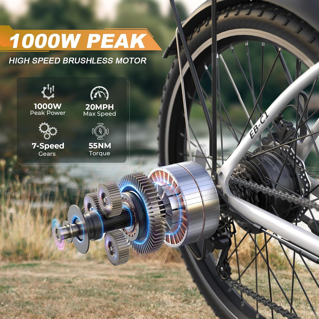 Funhang Electric Bike for Adults, 26' City Cruiser Ebike with 1000W Peak Motor, 20MPH 50 Miles Commuter Adult Electric Bicycles with 48V Battery, Adjustable Stem, 7-Speed, UL 2849 Certified