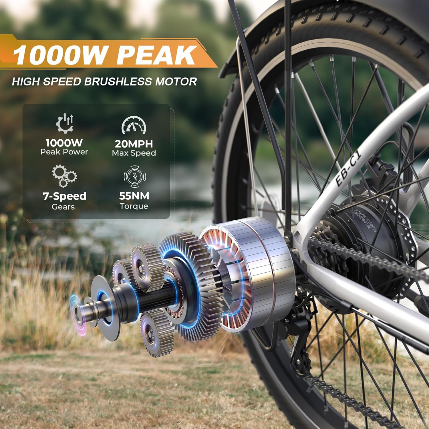 Funhang Electric Bike for Adults, 26' City Cruiser Ebike with 1000W Peak Motor, 20MPH 50 Miles Commuter Adult Electric Bicycles with 48V Battery, Adjustable Stem, 7-Speed, UL 2849 Certified