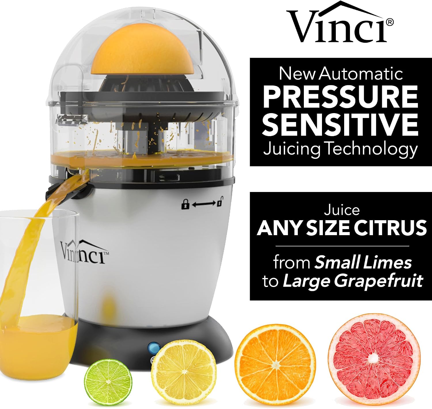 Vinci Hands Free Electric Citrus Juicer, 1-Button Juicer Machine, Orange Lime Grapefruit Lemon Squeezer, Easy to Clean Orange Juicer Squeezer, Black/Stainless Steel