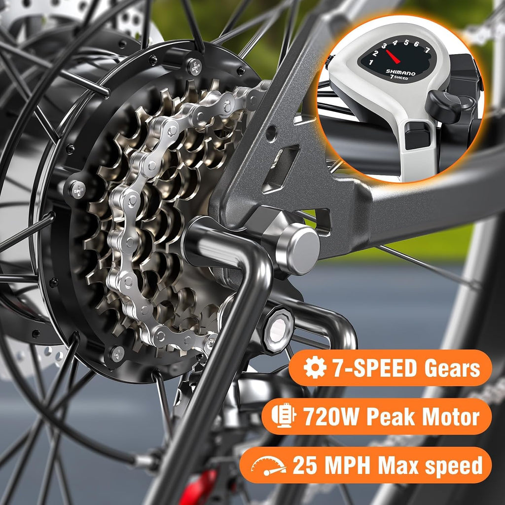 Electric Bike for Adults, 26' Commuter Ebikes with 7-Speed Gears, 25MPH Lightweight E Bike, 720W Peak Motor, 375Wh Removable Battery, 50 Miles Range, Electric Mountain Bicycle for All Terrain
