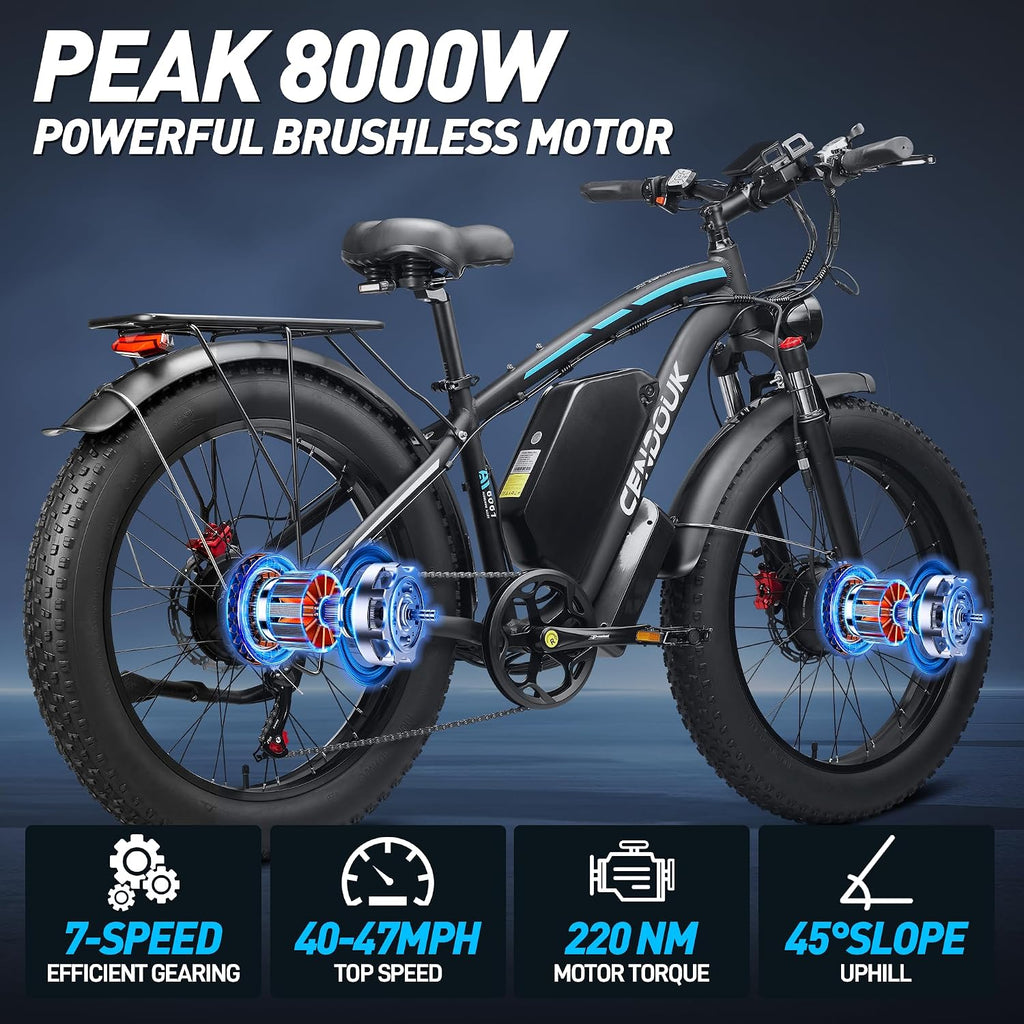 8000W Peak Dual Motor Electric Bike for Adults, 47MPH Fast Fat Tire E-Bike with Detachable Battery, 105Miles Long Range, Hydraulic Disc Brakes, 7-Speed Gears, All-Terrain for Mountain Snow Commuter