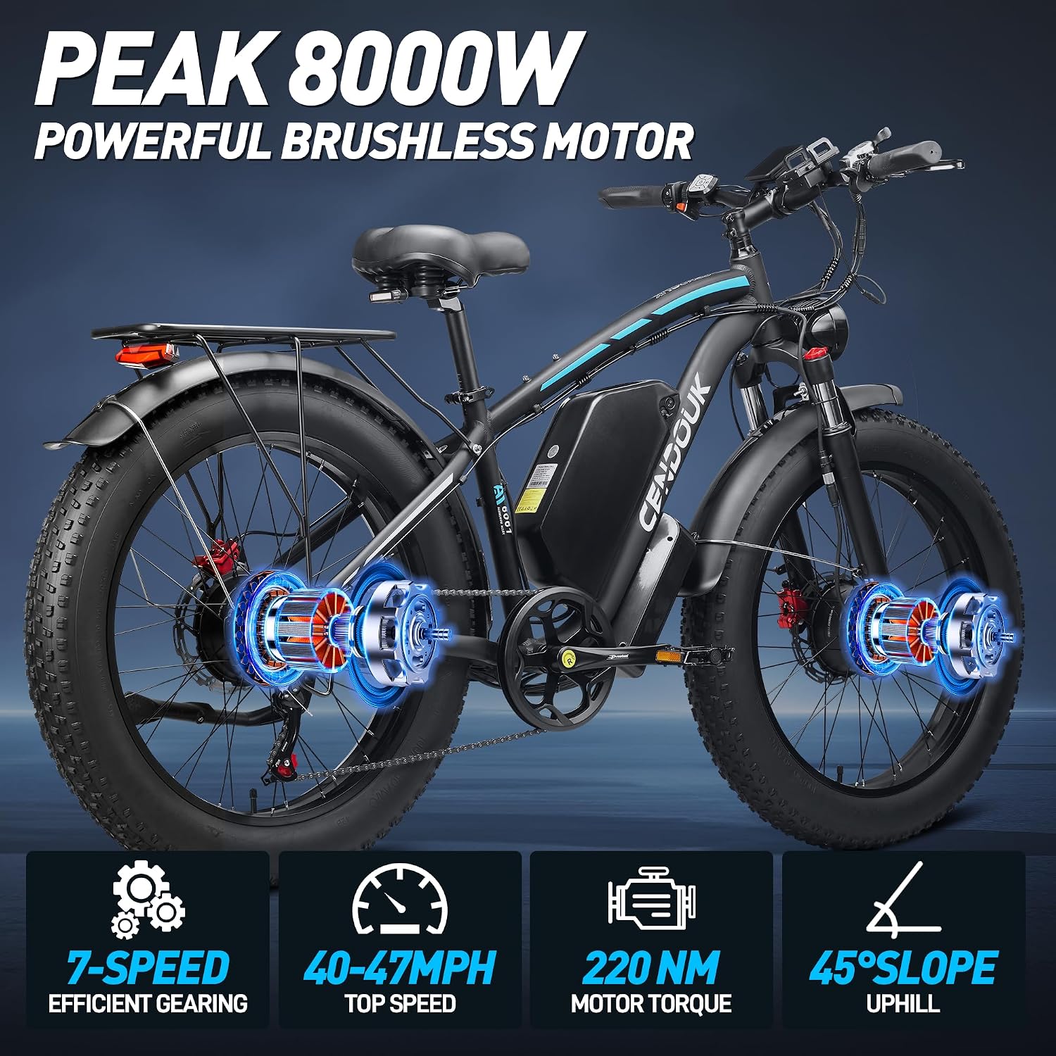 8000W Peak Dual Motor Electric Bike for Adults, 47MPH Fast Fat Tire E-Bike with Detachable Battery, 105Miles Long Range, Hydraulic Disc Brakes, 7-Speed Gears, All-Terrain for Mountain Snow Commuter