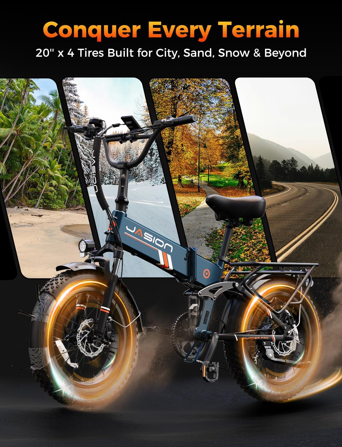 Jasion X Hunter/PRO Electric Bike for Adults,1800W/1400W Peak 20''Fat Tire Foldable Ebike,Folding E Bike Up to 80/70 Miles Range,720/624WH Removable Battery,30 MPH E Bike,Certified by UL2849