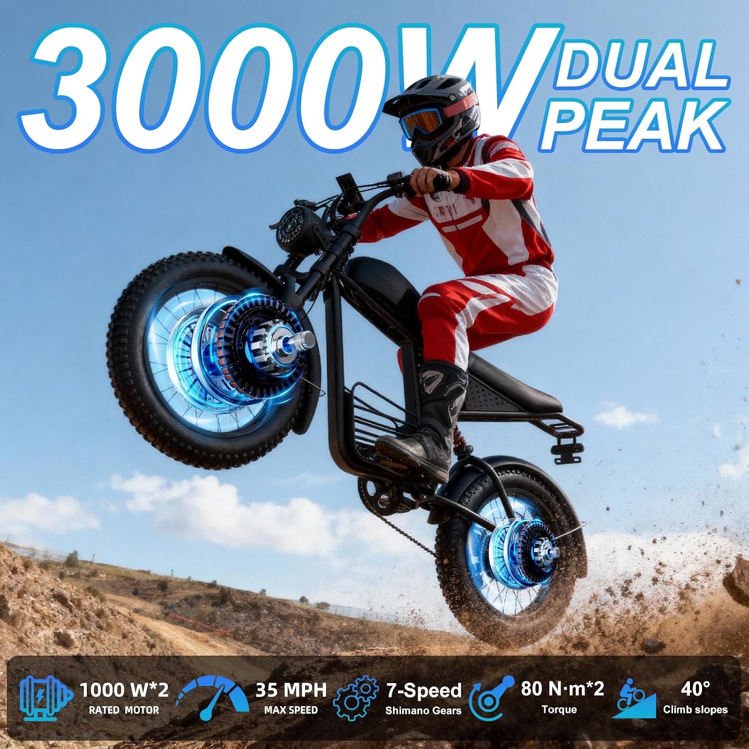 20' Electric Bike for Adults with 1000W/1600W/3000W Peak Dual Motor,Max Speed 33-37MPH,Up to 60Miles,Moped ebikes with 20/35Ah Battery,Shipped from USA Warehouse