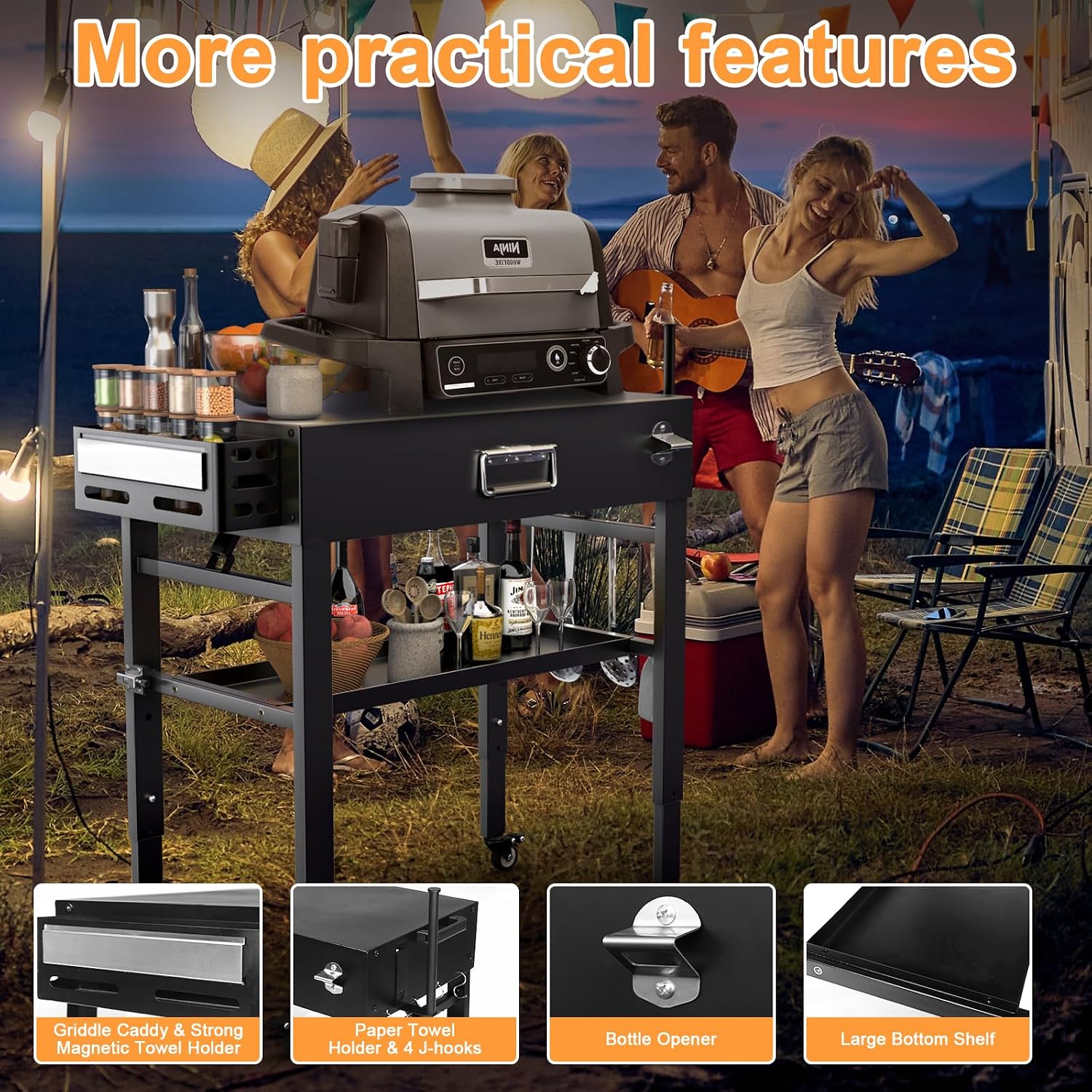 28' and 34' Upgrade Height & Quick-Fold Portable Grill Cart for Ninja Woodfire (OG700 Series), MO201 OO101 Pizza Oven, Blackstone 17'/22' Griddle – Outdoor Ninja Grill Stand with 4 Swivel Wheels