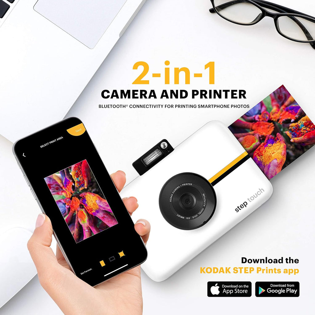 Zink Kodak Step Touch | 13MP Digital Camera & Instant Printer with 3.5' LCD Touchscreen Display, 1080p HD Video (White) Starter Bundle