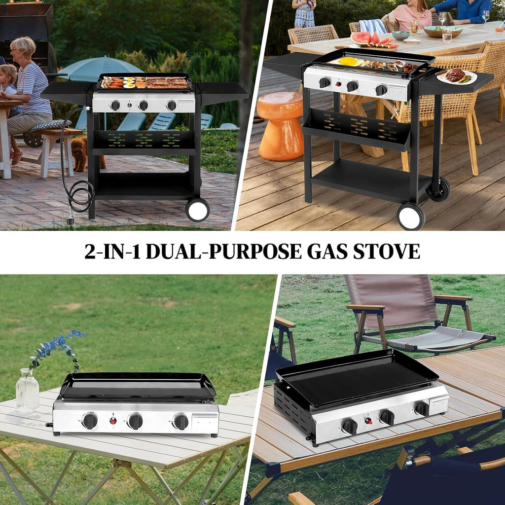 Outvita 3 Burner Propane Griddle, 23.3' Outdoor Flat Top Gas Grill with Side Shelves for Camping BBQ
