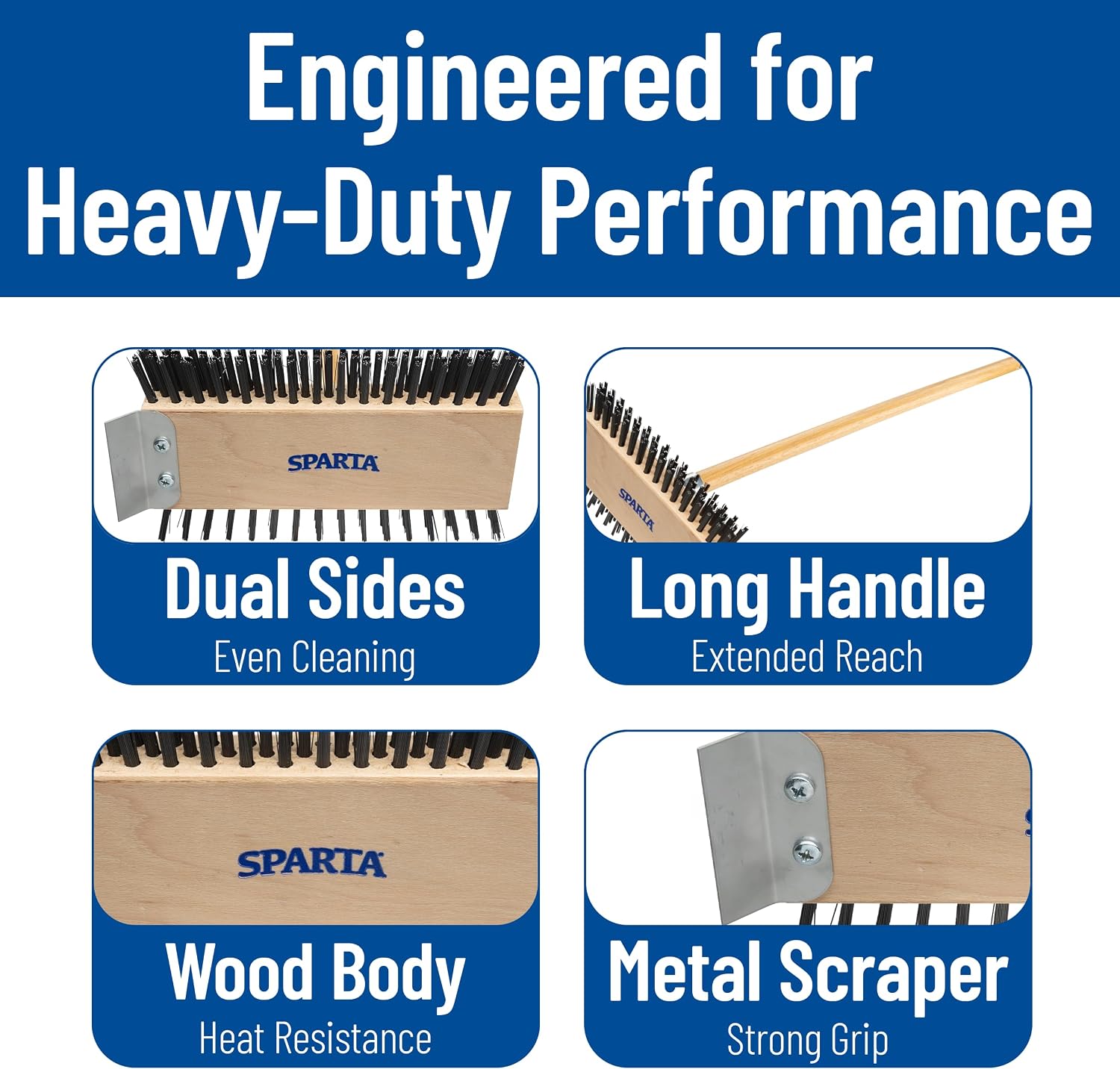SPARTA 4002600 Stainless Steel Grill Brush, Grill Scraper With Long Handle For Commercial Cleaning, Kitchens, Restaurants, Bathrooms, 30 Inches, Brown, (Pack of 6)