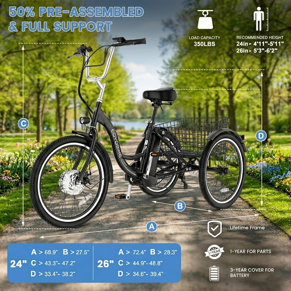 MOONCOOL Adult Electric Tricycle, 350W Front Drive Motor (Peak 700W), 15.5MPH E-Trike, Removable 36V 10.4Ah Battery, Max 60 Miles, 7-Speed 3 Wheel Electric Bike