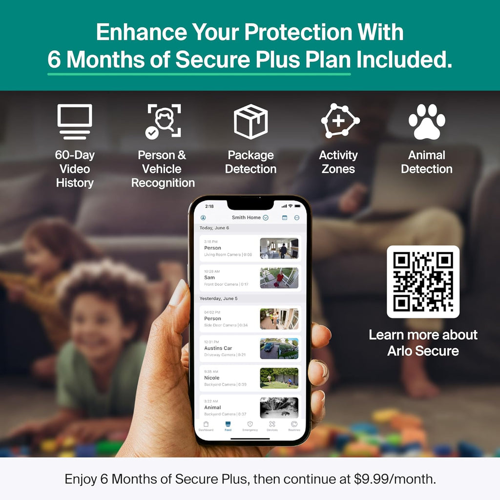 Arlo Essential Security Camera 2K (3rd Gen, 2025 Release) 4 Cam + 4 Solar Panels + 6 Months of Secure Plus Plan - Wireless Outdoor Camera, Battery Power, Person Recognition, Package Detection, White
