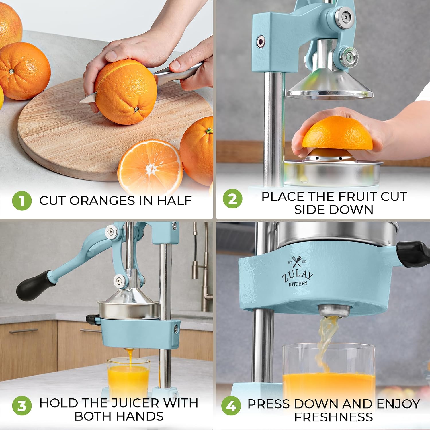 Zulay Kitchen Cast-Iron Orange Juice Squeezer - Heavy-Duty, Easy-to-Clean, Professional Citrus Juicer - Durable Stainless Steel Lemon Squeezer - Sturdy Manual Citrus Press & Orange Squeezer (Blue)
