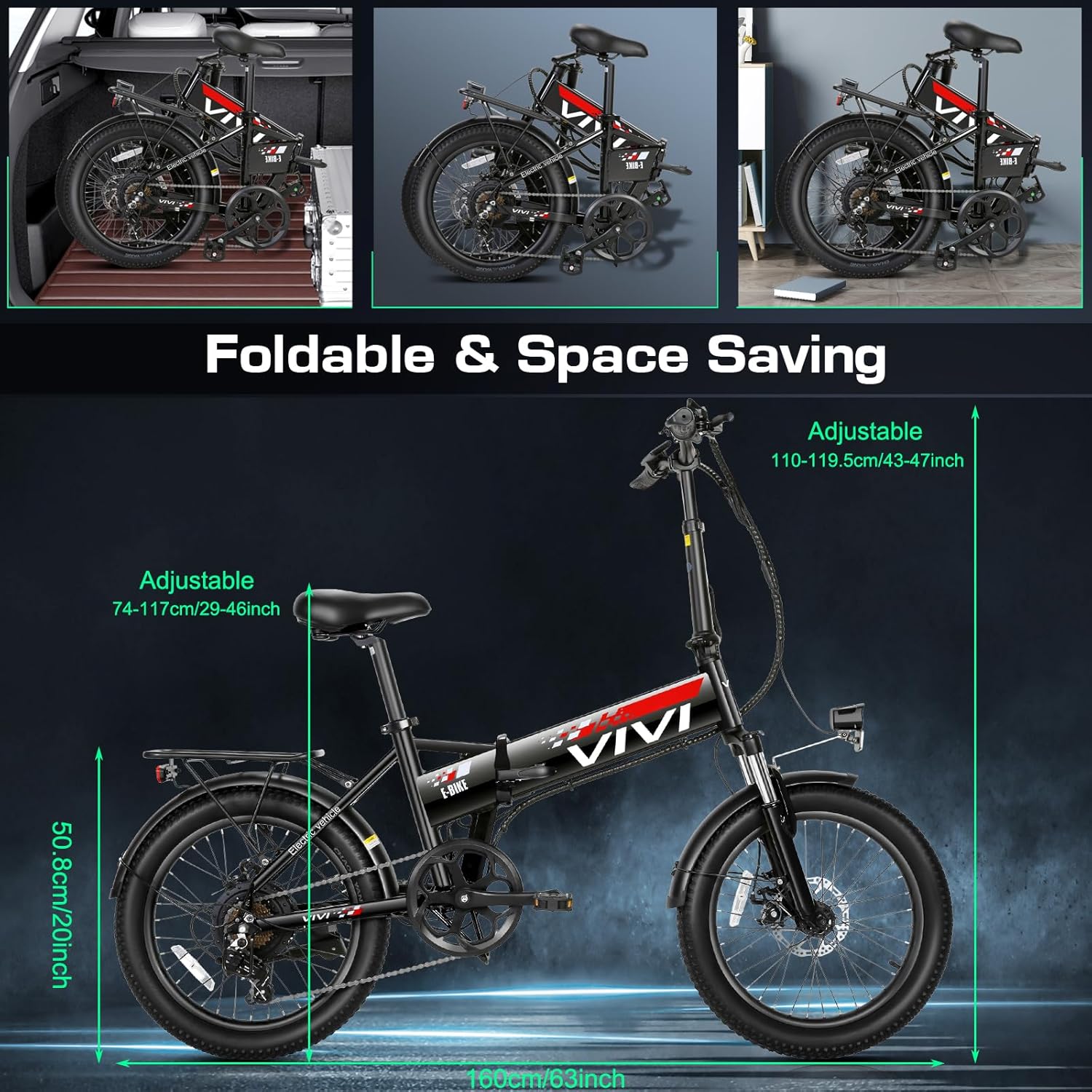 Vivi Folding Electric Bike for Adults, 20' x 2.4 Fat Tire Ebike, Peak 750W Foldable Electric Bicycle, 20MPH Commuter E-Bike with 48V Removable Battery, 7 Speed, SGS Certified to UL2849