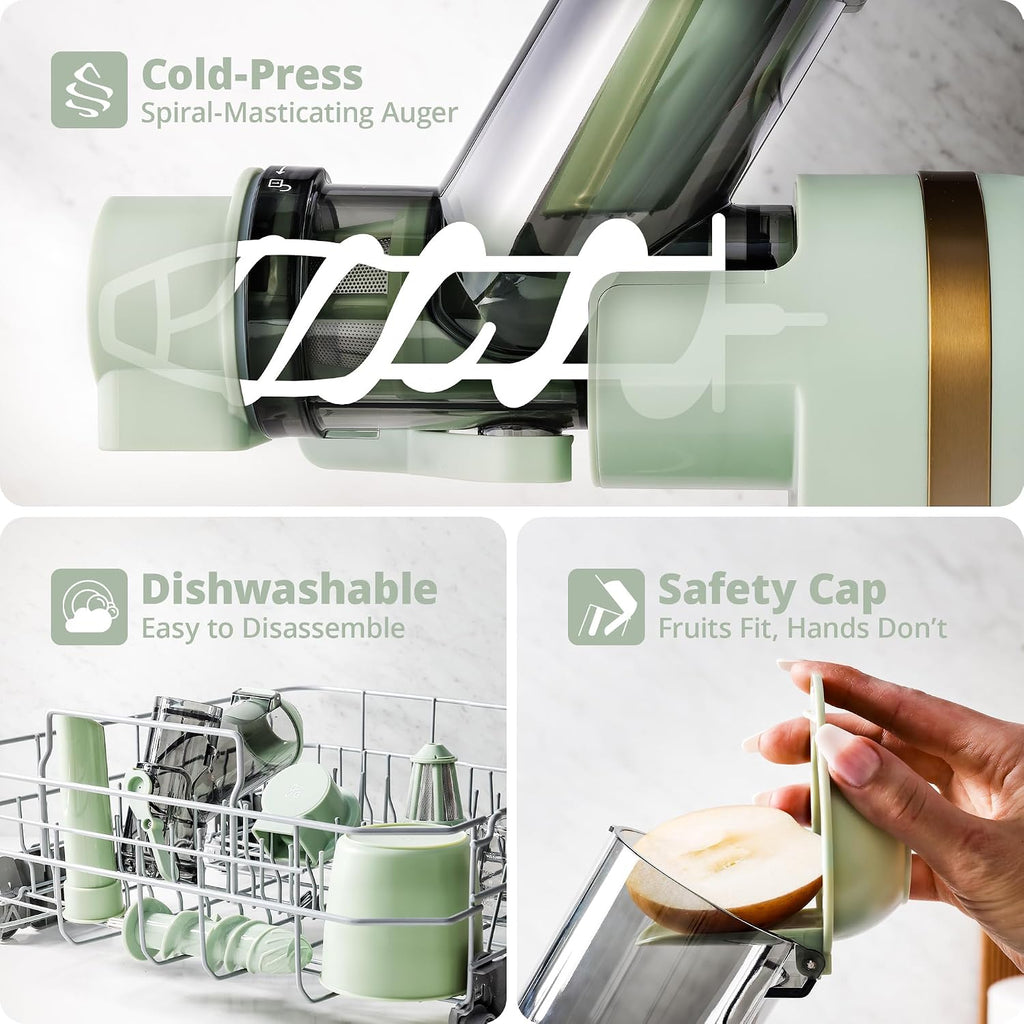 Greater Goods Cold Press Juicer, Powerful Slow Masticating Juice Extractor with Quiet Motor for Fruits and Vegetables, High Juice Yield, Easy to Clean, Sage Green