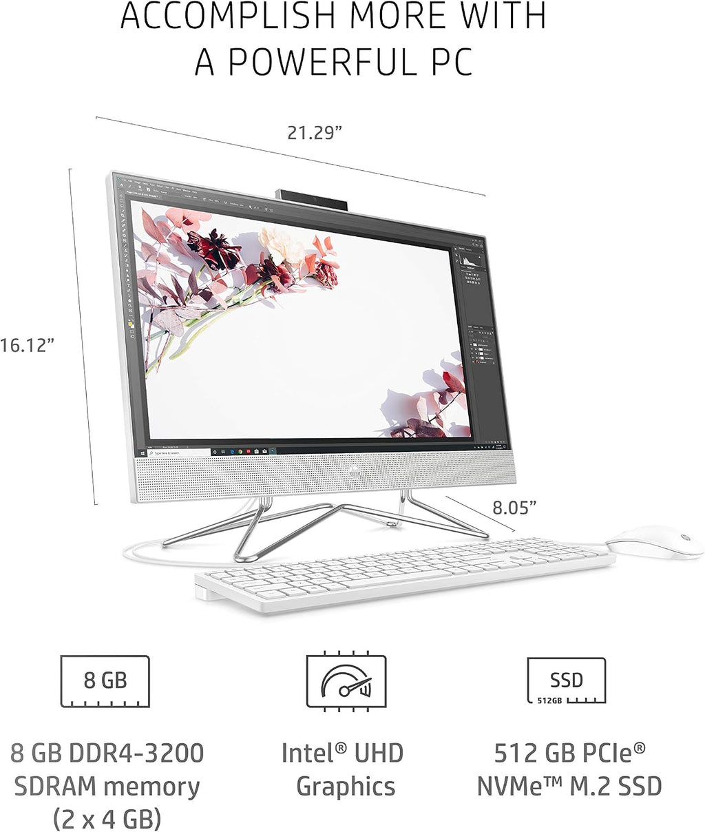 HP All-in-One Desktop PC, 11th Gen Intel Core i3-1115G4 Processor, 8 GB RAM, 512 GB SSD Storage, Full HD 23.8' Display, Windows 10 Home, Remote Work Ready, Mouse and Keyboard (24-dp1250, 2021)