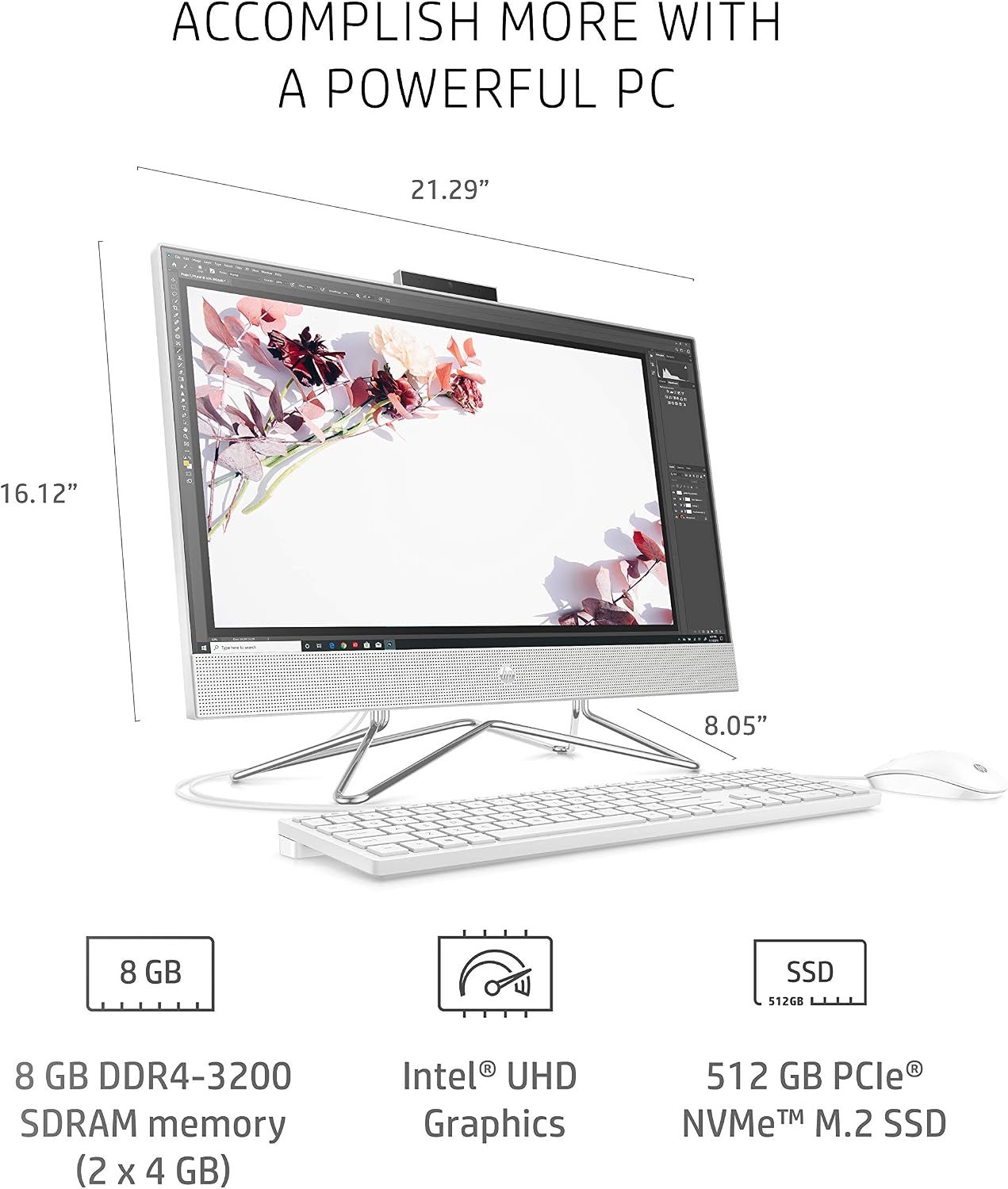 HP All-in-One Desktop PC, 11th Gen Intel Core i3-1115G4 Processor, 8 GB RAM, 512 GB SSD Storage, Full HD 23.8' Display, Windows 10 Home, Remote Work Ready, Mouse and Keyboard (24-dp1250, 2021)
