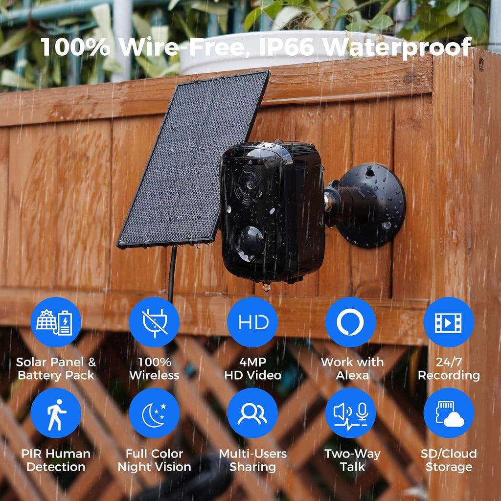 Hiseeu Security Cameras Wireless Outdoor, 4pcs Solar Powered 3K 4MP Surveillance WiFi Cameras for Home Security Outside, PIR/AI Motion Detection, Waterproof, Color Night Vision, 2-Way Audio, Black