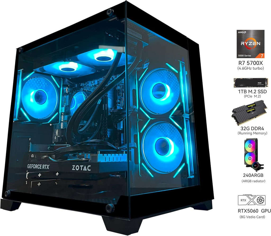 YAWYORE Gaming PC Desktop Computer, AMD Ryzen 7 5700X, GeForce RTX 5060, 32GB DDR4 RAM, 1TB M.2 NVMe SSD, 240 Liquid Cooler, ARGB Fans, WiFi+BT, for Game Design and Office