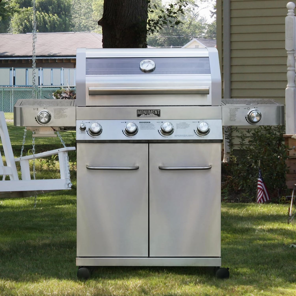 Monument Grills Larger 4-Burner Propane Gas Grills Stainless Steel Cabinet Style with Infrared Side Sear Burners & Side Burners with Smoke Box(2 items)