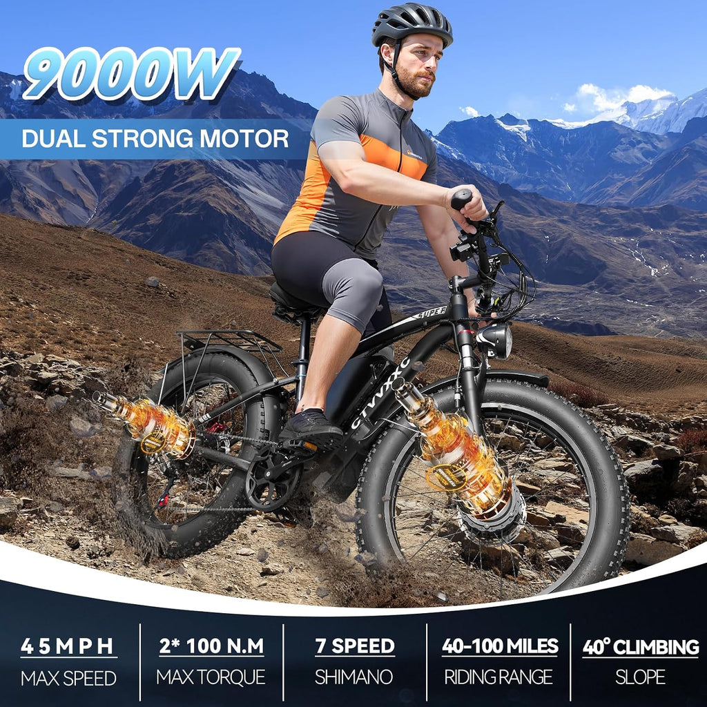 9000W Dual Motor Ebike for Adults Men 45MPH - Fast Electric Bike with 52V 34Ah Battery Up to 100 Miles,Lockable Suspension 24' Fat Tire Electric Bicycle for Off-Road Mountain Snow Commuter