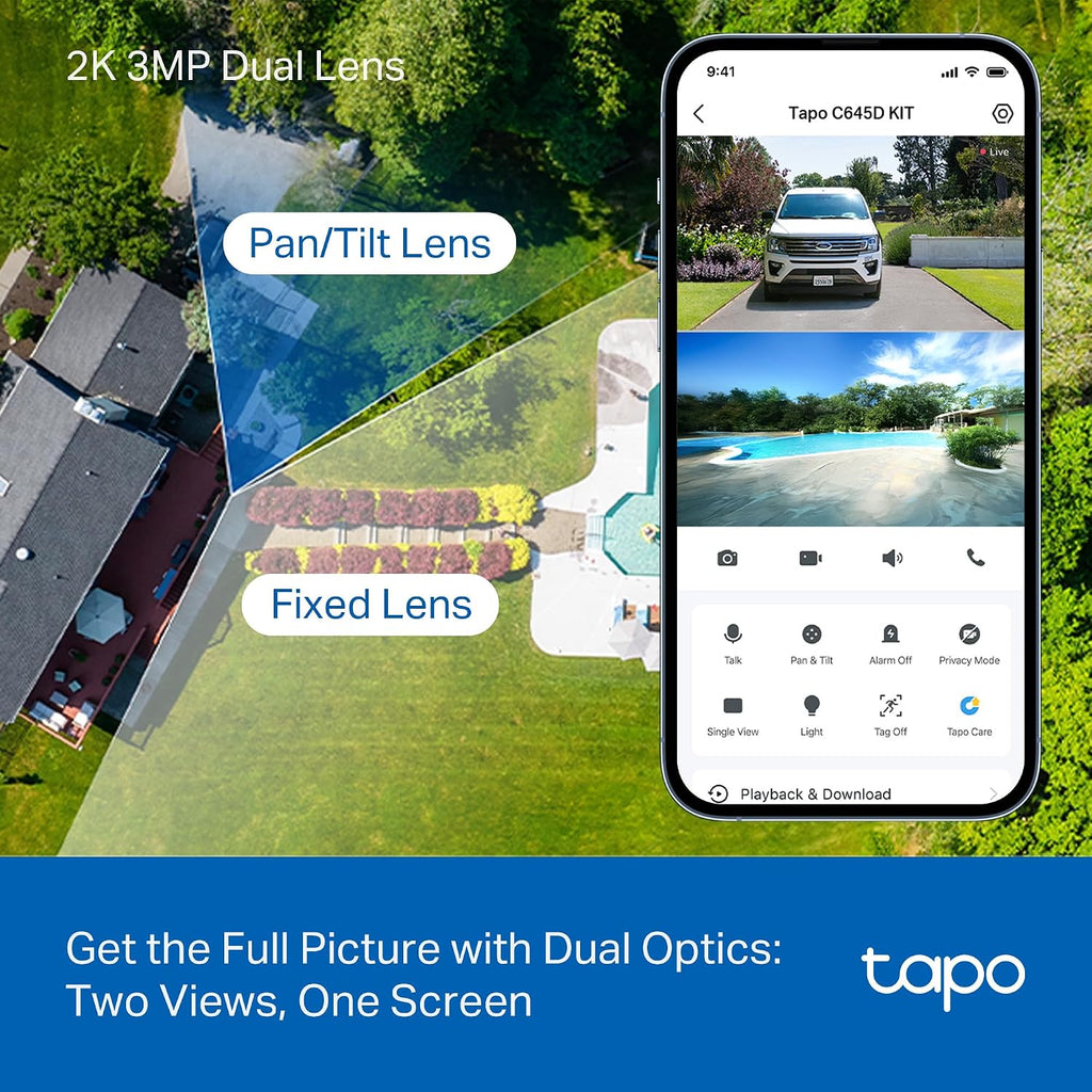 Tapo 2K Dual Lens Pan/Tilt Security Battery Camera Wireless w/Solar Panel, 165° Wide-Angle + 6mm Telephoto, Free Person/Vehicle Detection, 360° Pan, SD/Cloud Storage, Works w/Alexa & Google, C645D KIT