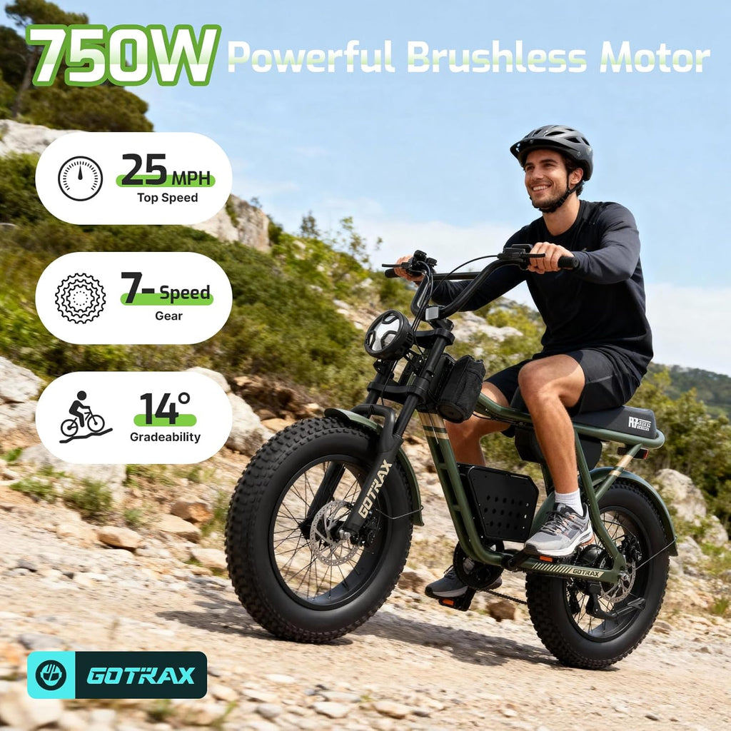 Gotrax R7 Electric Bike for Adults, 750W Motor, 25mph, Max 45-Mile Range, 20' Fat Tire, UL Certified, 48V Removable Battery, Oversized Padded Seat, Basket&Frame Bag, Easy Assembly for City&All-Terrain