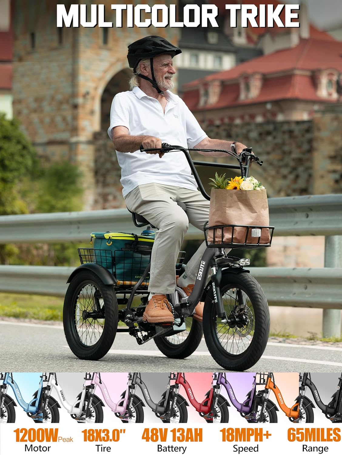 ESKUTE E Trike Electric Bike, Peak 1200W Brushless Motor Folding Trike 18X3.0 Fat Tire Ebike, 624Wh Removable Battery, Step-Thru 3 Wheel Electric Bicycle, Up to 55 Miles, 18MPH+ Tricycle for Adults