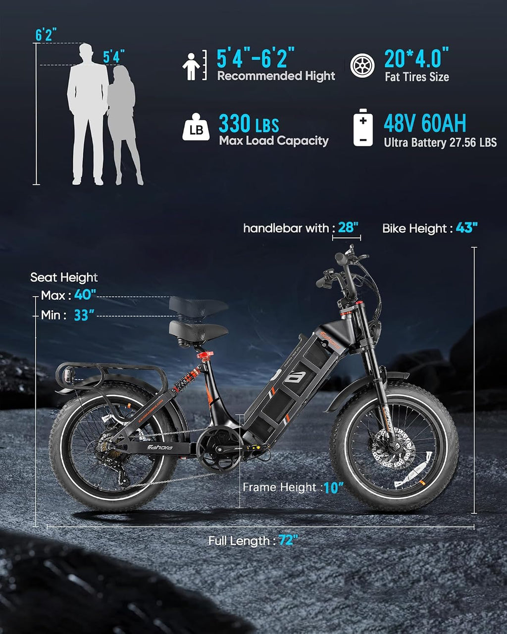 eAhora Juliet Pro 2/Juliet 2/Juliet Electric Bike for Adults 43Mph Peak 5400W/1700W/1200W Dual Motor Ebike 60V-52V 70Ah-60Ah 200+Miles Long Range Fat Tire Full Suspension Mountain Bike, E Bike