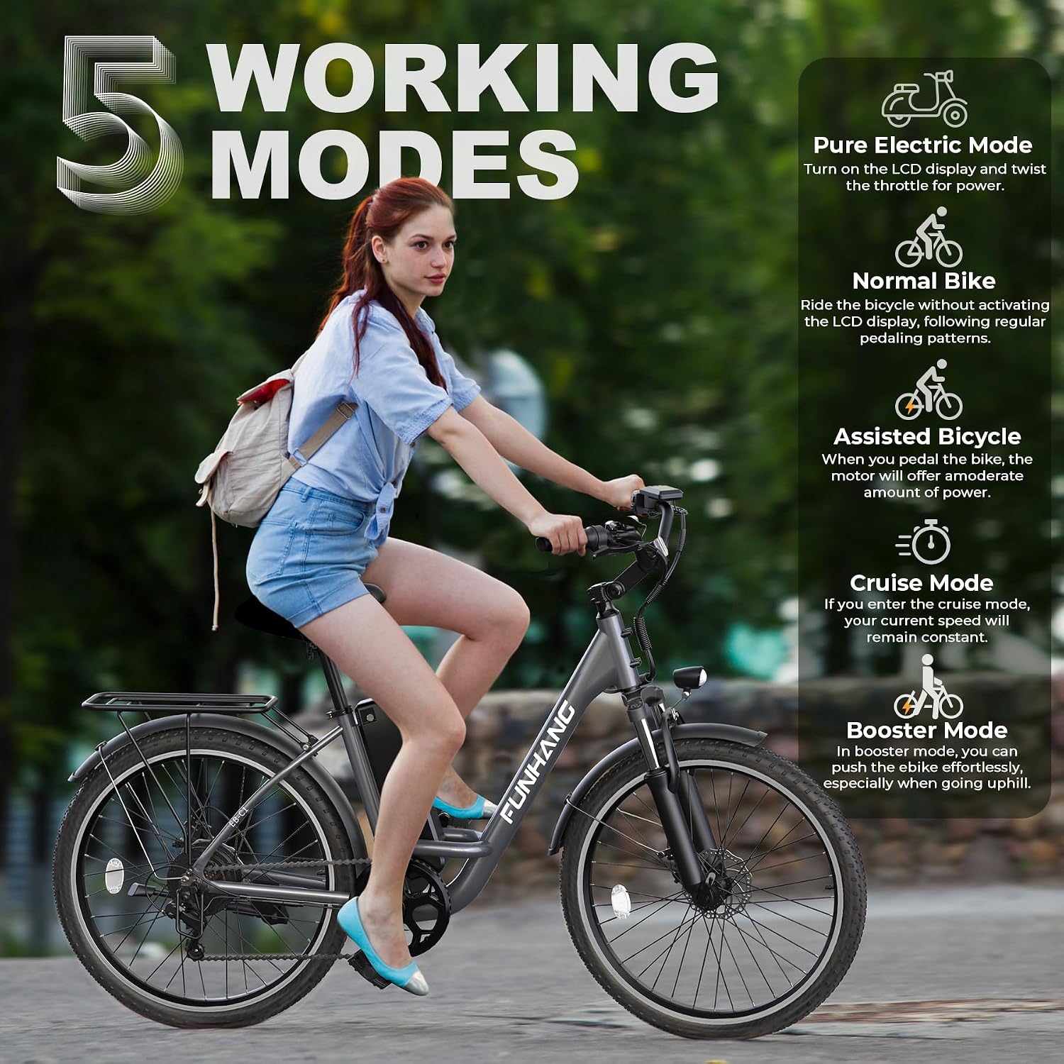 Funhang Electric Bike for Adults, 26' City Cruiser Ebike with 1000W Peak Motor, 20MPH 50 Miles Commuter Adult Electric Bicycles with 48V Battery, Adjustable Stem, 7-Speed, UL 2849 Certified