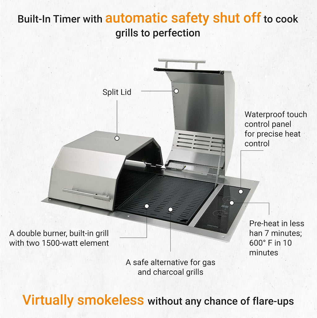 Kenyon Texan Built-In Electric Grill, UL-Approved For Indoor And Outdoor Use, Stainless Steel Body, Rust-Proof Grill, Quick Heat Up, Alternative For Gas And Charcoal Grill, Dishwasher Safe Grates