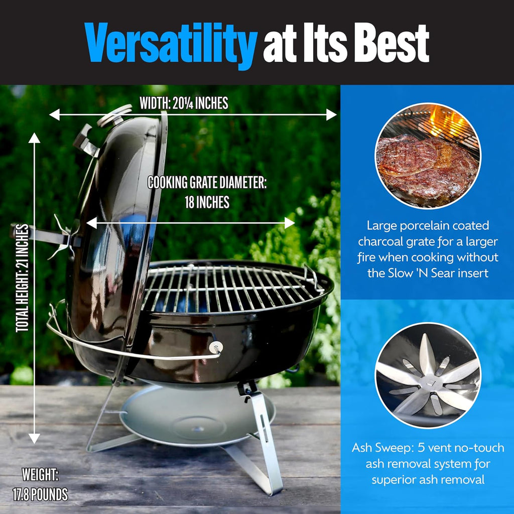 SnS Grills Slow 'N Sear Travel Kettle, 2-Zone Cook Charcoal Basket and Easy Spin 18' Grate - Portable Charcoal Grill for BBQ Cooking - Travel Kettle 18'