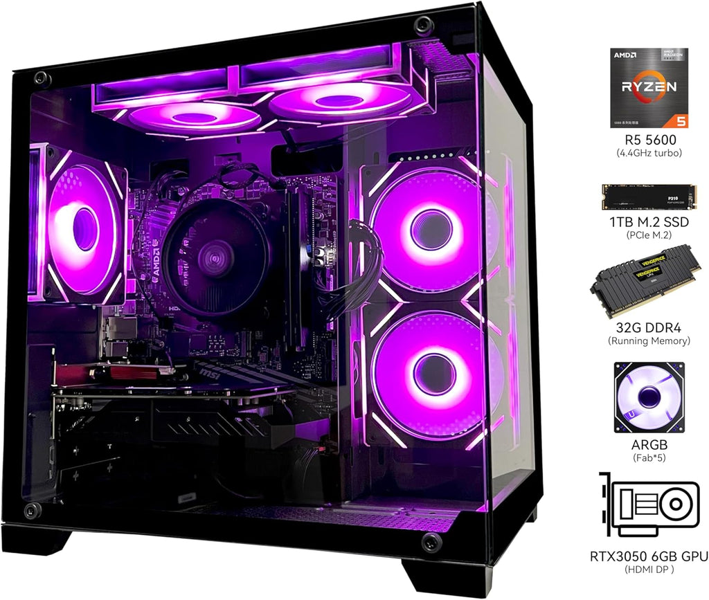 SKYESEV Gaming Desktop Computer PC,AMD Ryzen 5 5600,RTX3050 6GB,32GB DDR4 RAM and 1TB M.2 NVMe PCle,ARGB Fan,WiFi,Game Design Office Console,Sea View Room, Gaming PC Tower