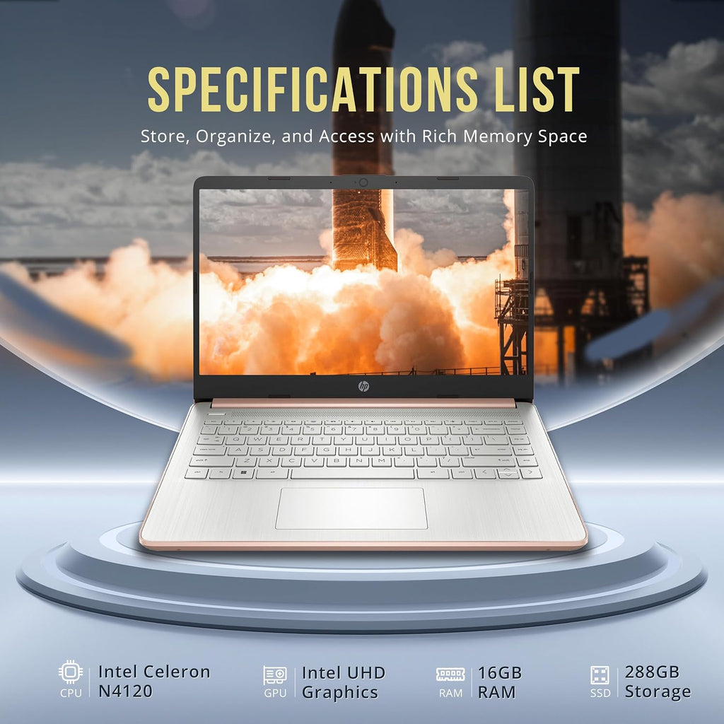 HP Stream 14' HD BrightView Laptop, Intel Celeron N4120, 16GB RAM, 288GB Storage (128GB eMMC + 160GB SSD Docking Station Set), Intel UHD Graphics, HD Webcam, Wi-Fi, 1 Year Office 365, Win 11 S, Gold