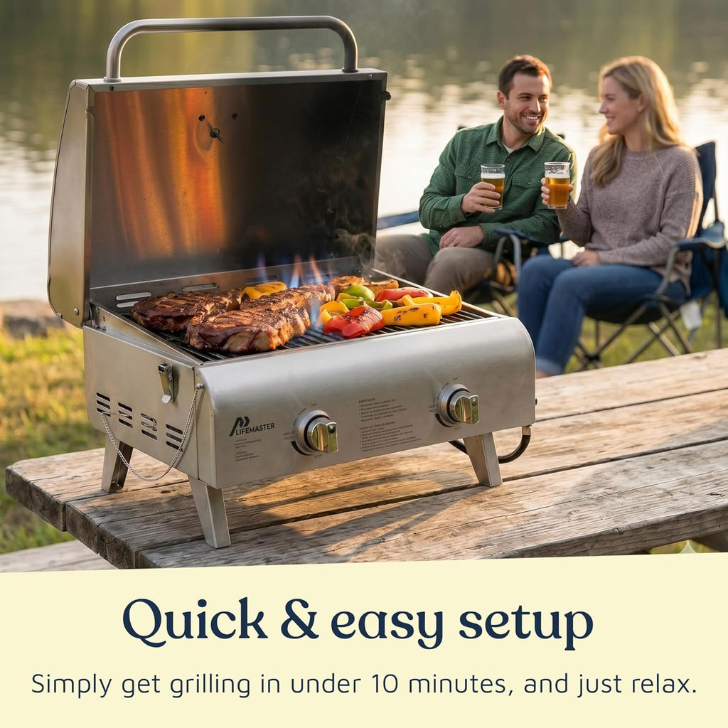 Lifemaster Portable Stainless Steel Gas Grill - 2 Burners Easy Clean Tabletop BBQ Propane Gas Grill with Foldable Legs and Wind Proof Lid for Camping and Outdoor - Silver