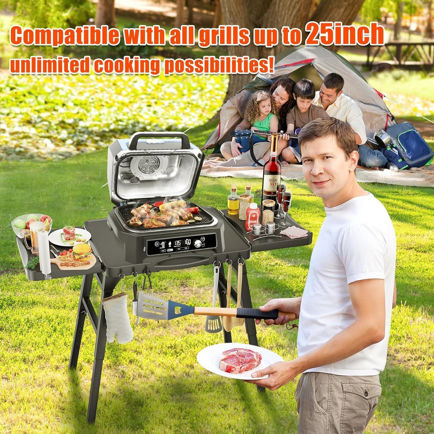 Hisencn Grill Stand for Ninja Woodfire OG701 OG901 OG850 OG951, Pizza Oven Table Stand for Onni 12, Quick-Fold Grill Cart for Blackstone, Cuisinart, 51-Inch Spacious Tabletop, with Air Vent (34''H)