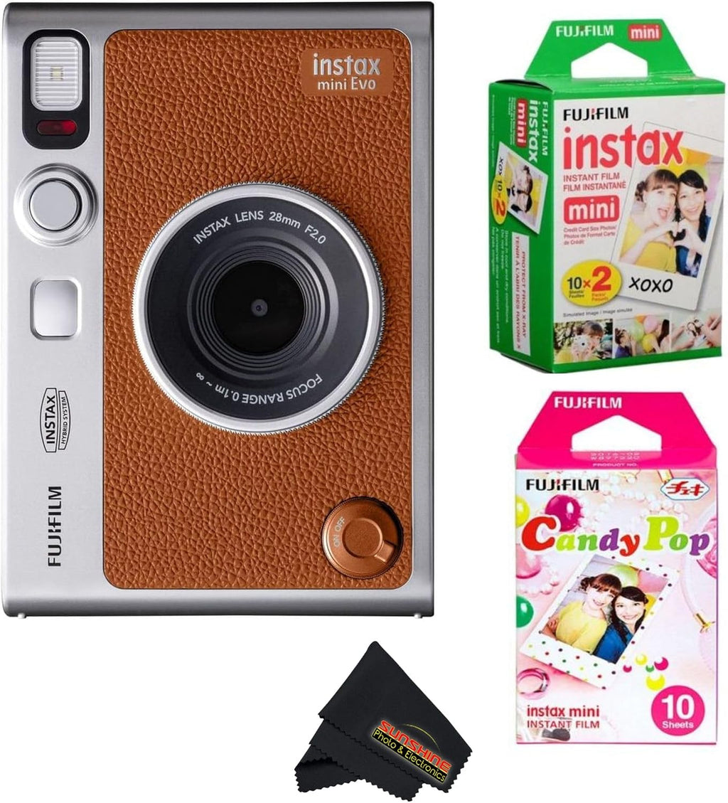 Fujifilm Instax Mini EVO Instant Camera with Sunshine Photo Microfiber Cleaning Cloth (Camera + 1 Twin & 1 Candy Pop, Brown)