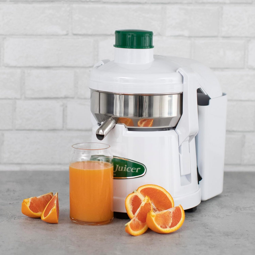 Omega Centrifugal Juicer High Speed Pulp Ejection Juice Extractor 1/3 HP Juices Vegetables Citrus and Fruits at 3500 RPM Surgical Stainless Steel Parts and Blade, 250-Watts, White