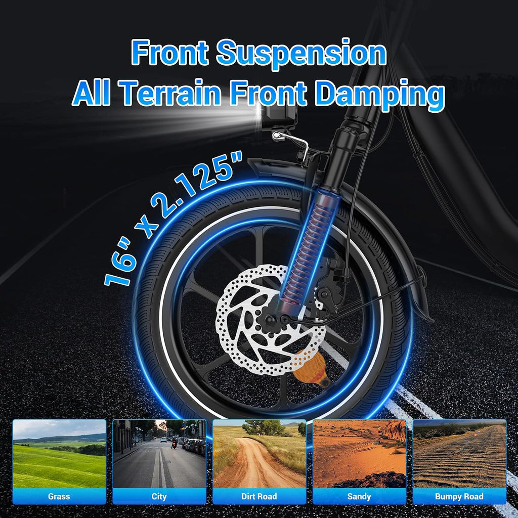 SEHOMY 2-Seat Electric Bike for Adults 630W Peak Motor, 25MPH Folding Ebike, 16' Adults Electric Bicycles with 30° Uphill, 288WH Removable Battery, 35 Miles Long Range, Commuter E Bikes Teens 14+