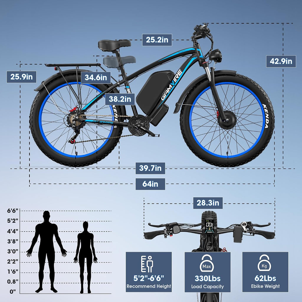 E Bike for Adults, Peak 6000W Dual Motor Electric Bike, 52V 32AH Battery 45 M P H Up to 100 Miles EBike, Front Suspension 7-Speed 24' Fat Tire Electric Commuter Bike, UL2849 Certified By SGS
