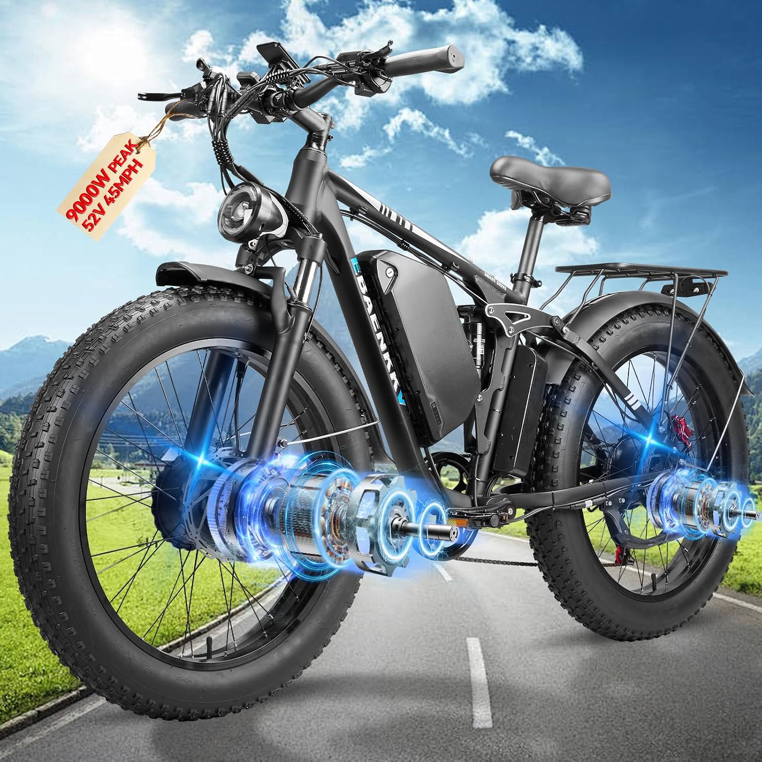 9000W Dual Motor Ebike,24' Fat Tire Electric Bike for Adults, 45MPH Fast 52V 34Ah Long Range, Dual Hydraulic Brakes Full Suspension, Snow/Mountain/Off-Road/Commute E-Bike
